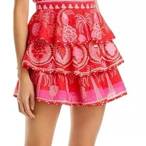 FARM RIO Floral Red and Pink Tiered Skirt